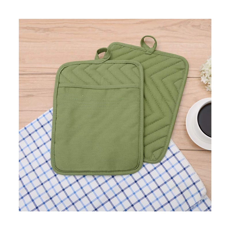 Anyi Heat Resistant Pot Holders, Cotton Hot Pads for Counter & Table, Green with Pocket - Image 2